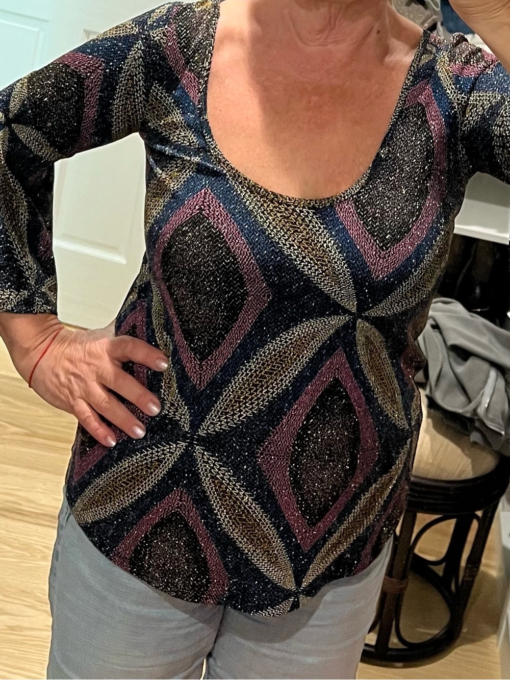 Anthropologie Metallic Geometric Scoop-Neck Top in Navy, Pink, Gold blouse shirt